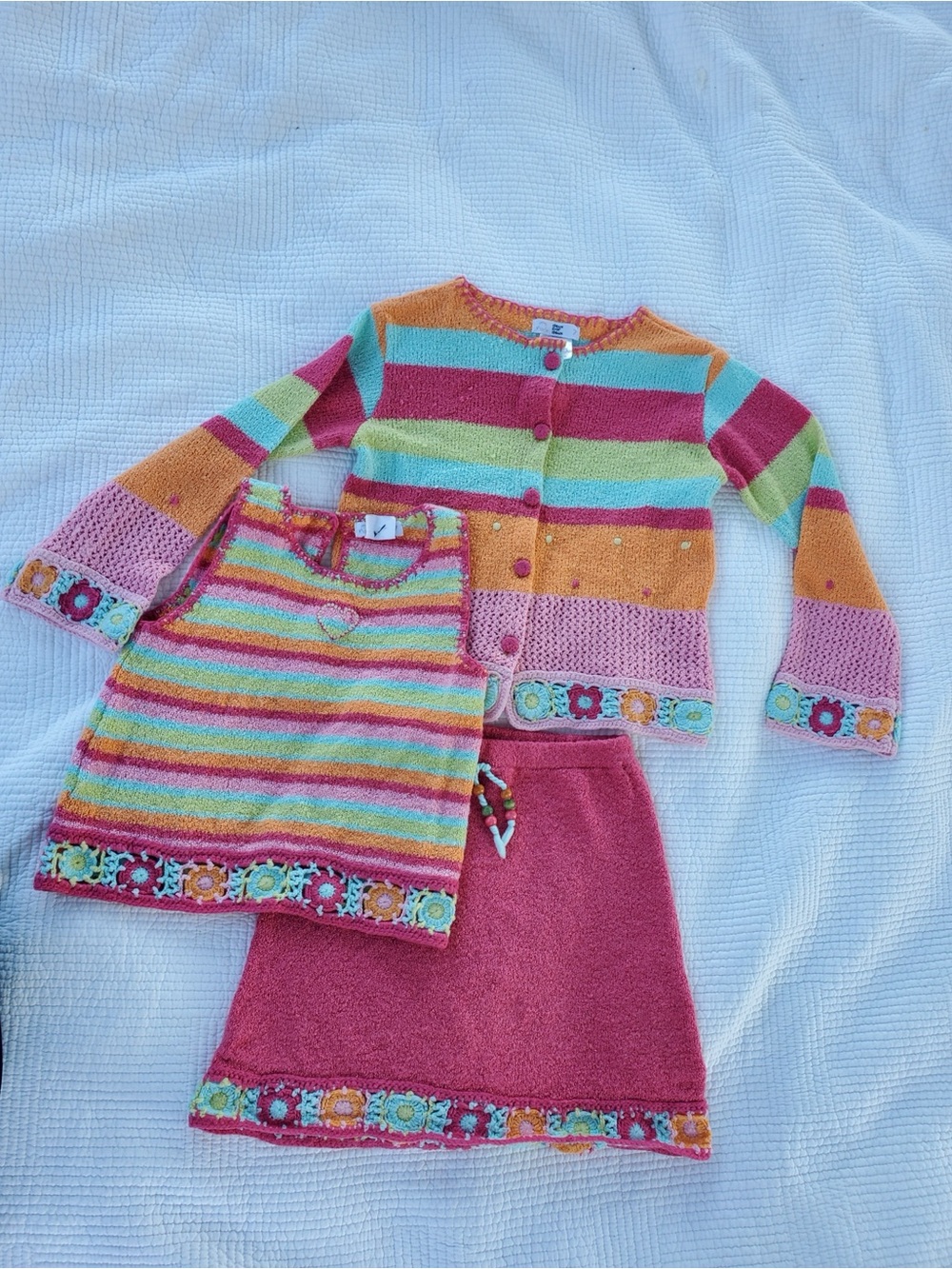 deux par deux Girls Multicolor Striped Knit Cardigan, Tank & Skirt Set